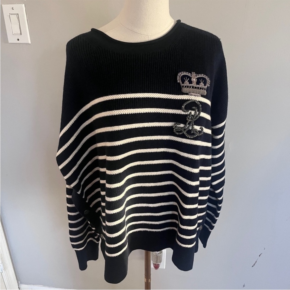 Black & White Ralph Lauren Striped Crewneck Sweater with Embroidered Crest
